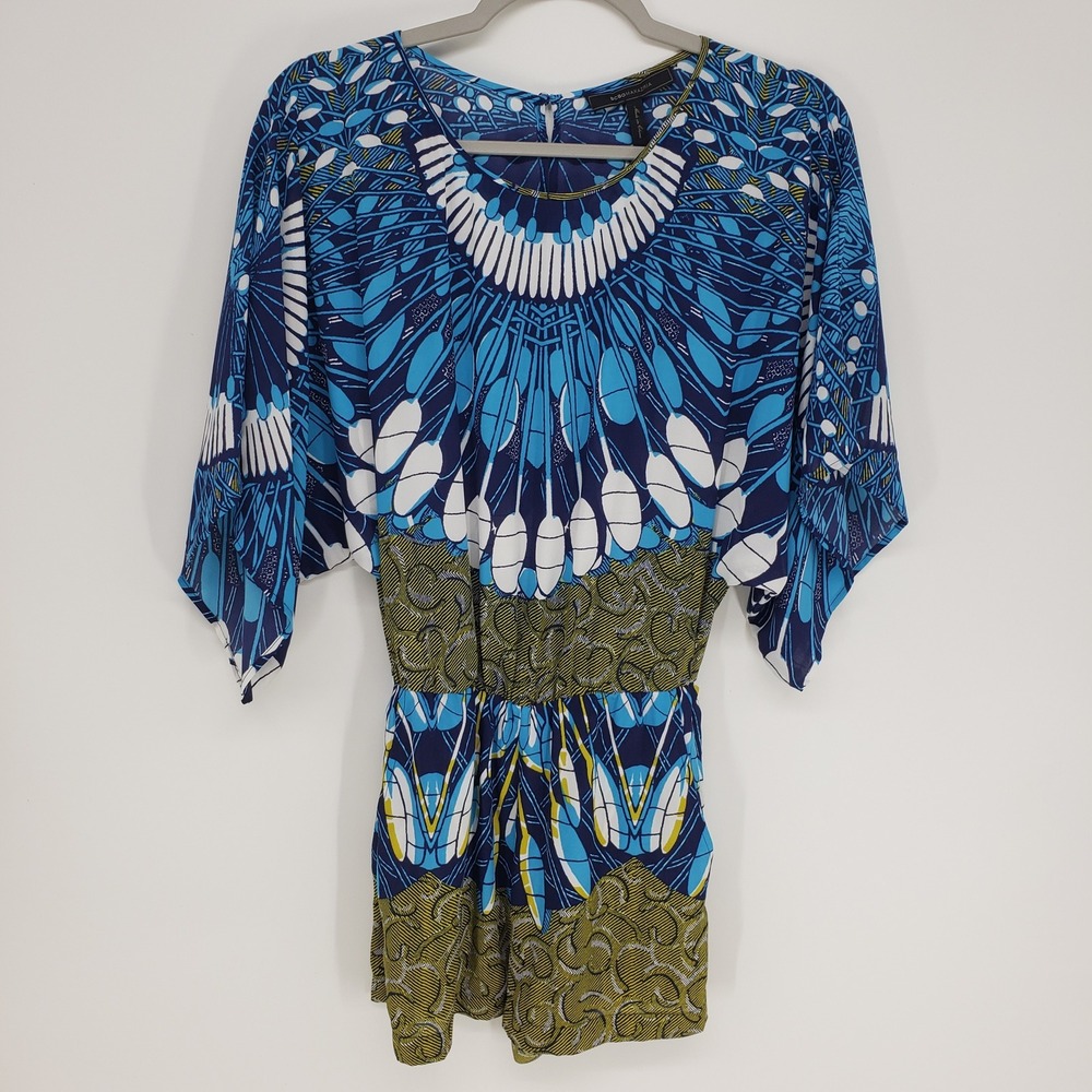 BCBGMAXAZRIA Geometric Print Romper XXS Blue Boho Kimono Sleeve Shorts BCBG